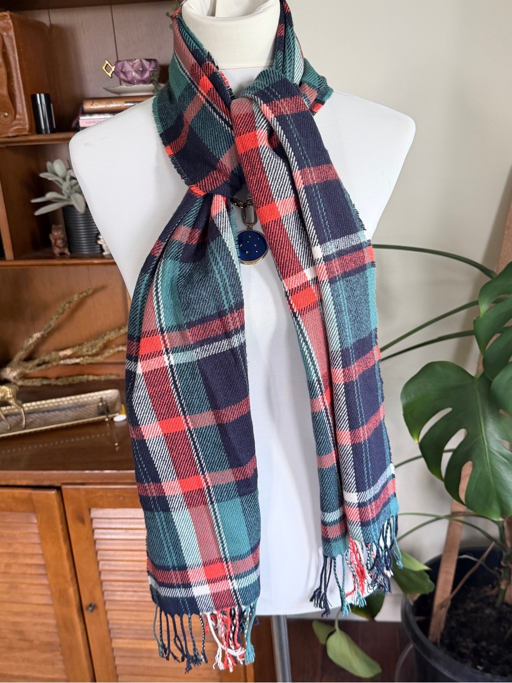 Plaid Tassel Scarf in Navy, Teal & Red
